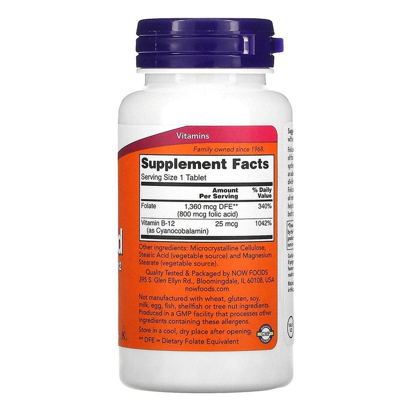 Now Folic Acid 800 mcg with Vitamin B12 Tablets, Pack of 250's