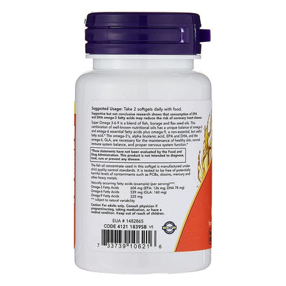 Now Super Omega 3 6 9 Flaxseed Oil, Borage Seed Oil, Fish Oil Supplement Softgels, Pack of 30's