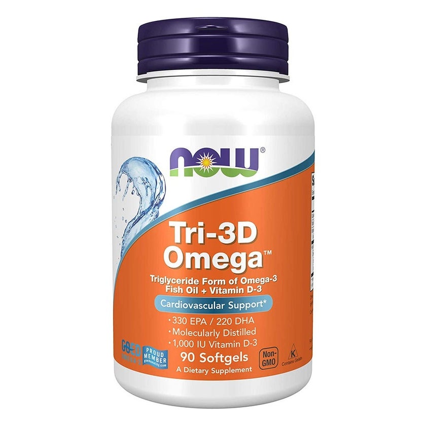 Now Tri-3D Omega 3 1000mg + 1000IU Vitamin D3 Fish Oil Supplement Softgels, Pack of 90's